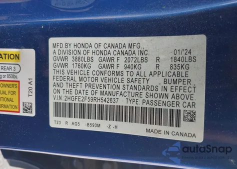 2024 Honda Civic Sport z USA, uszkodzony, nr VIN 2HGFE2F59RH542637